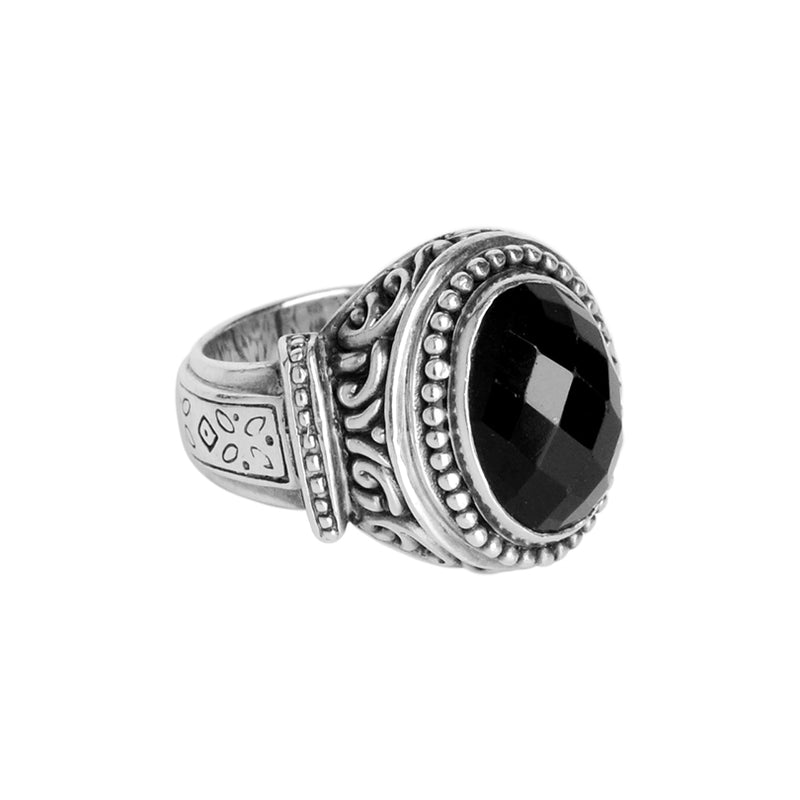 Luxurious Faceted Black Onyx Balinese Design Sterling Silver Ring