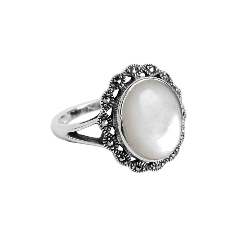 Shimmery White Mother of Pearl and Marcasite Sterling Silver Ring