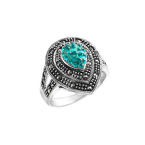 Sparkling Blue Crystal and Marcasite Sterling Silver Ring