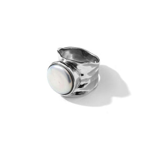 Beautiful White Freshwater Pearl in Hammered Sterling Silver Statement Ring