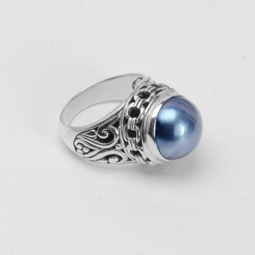 Balinese Dark Mabe Pearl Sterling Silver Ring