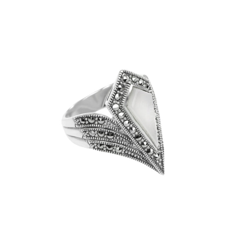 Stunning White Mother of Pearl and Marcasite Sterling Silver Statement Ring