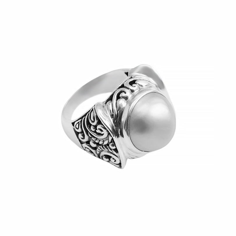 Magnificent Balinese Design in White or Pink or Black Mabe Pearl Sterling Silver Statement Ring