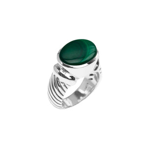 Rich Forest Green Malachite Sterling Silver Ribbed Design Statement Ring