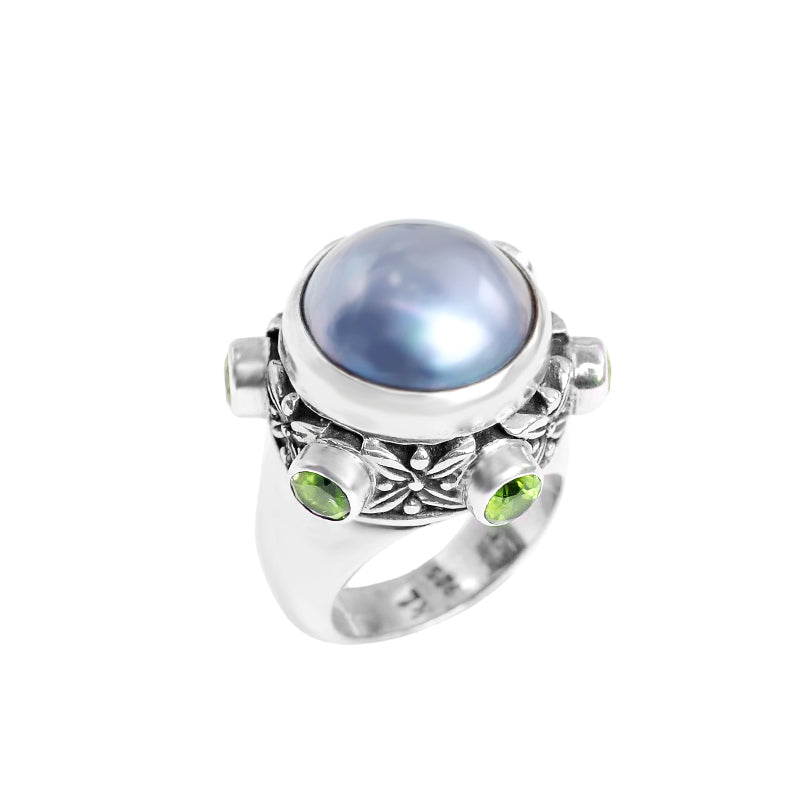 Shimmering Blue Mabe Pearl with Peridot Large Statement Ring
