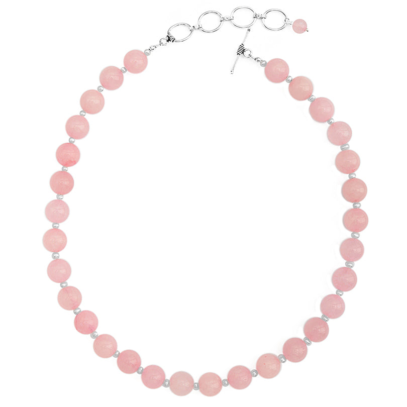 Creamy Rose Quartz and Fresh Water Pearl Sterling Silver Necklace