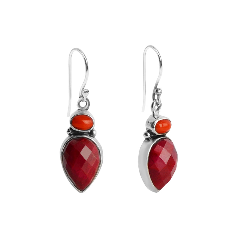 Vibrant Red Cranberry Faceted Corundum anRed Coral Sterling Silver Earrings