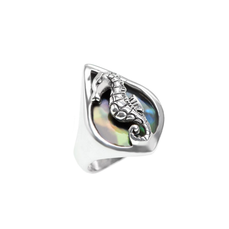 Shimmering Abalone Shell Seahorse Sterling Silver Ring