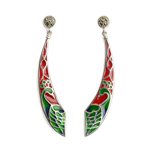 Gorgeous "Stain Glass Replica" Peacock Marcasite Silver Plated Earrings
