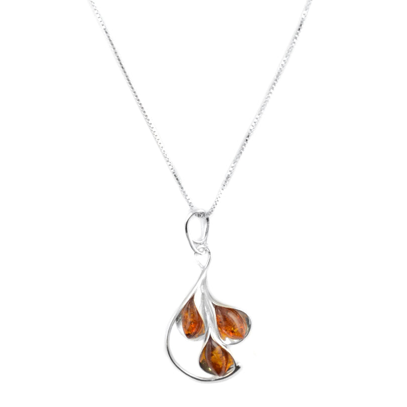 Petite Tulip Embrace Cognac Baltic Amber Sterling Silver Chain Necklace
