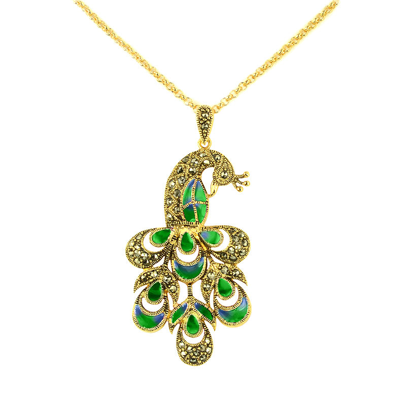 Sparkling 14kt Gold Plated Marcasite Peacock Necklace
