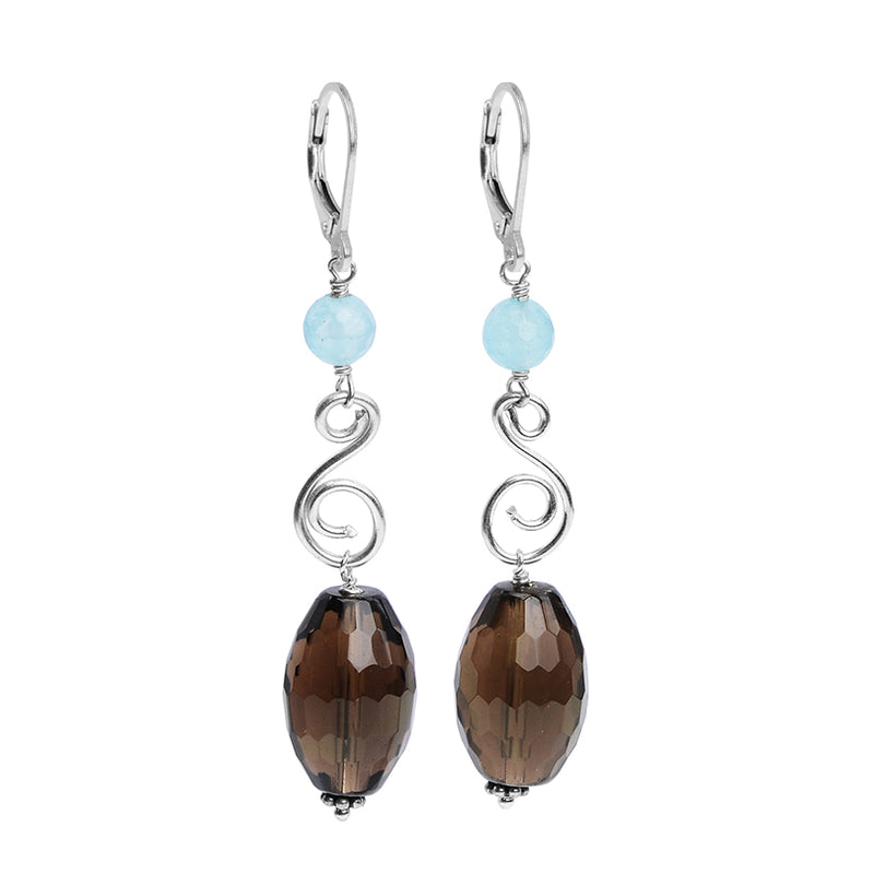 Stunning Faceted Smoky Quartz Chalcedony Earrings with Lever-Back Hooks