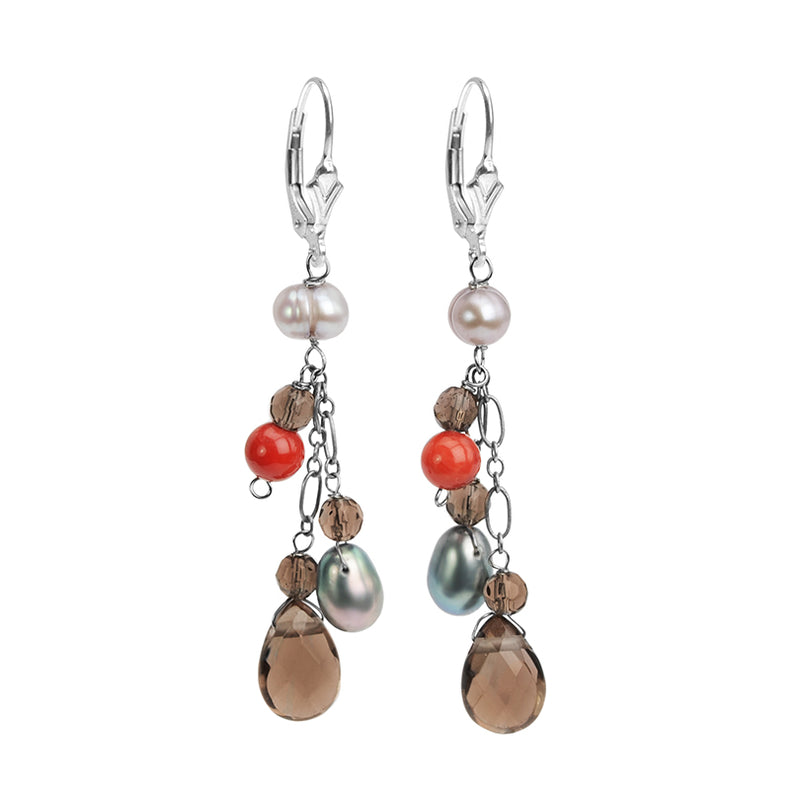 Alluring Smoky Quartz, Coral and Fresh Water Pearl Sterling Silver Earrings