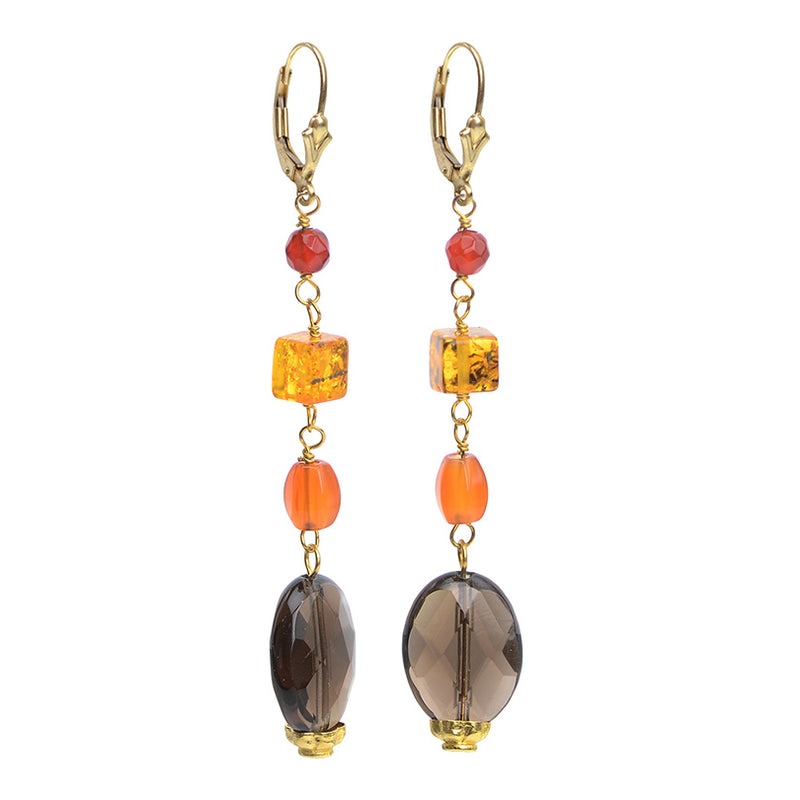 Beautiful Carnelian, Amber and Smoky Quartz Earrings on Gold Filled Hooks