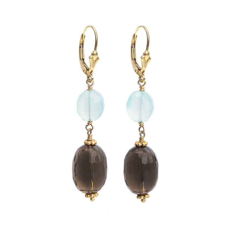 Gold Fill Smoky Quartz Wave Cut Stones and Chalcedony Earrings
