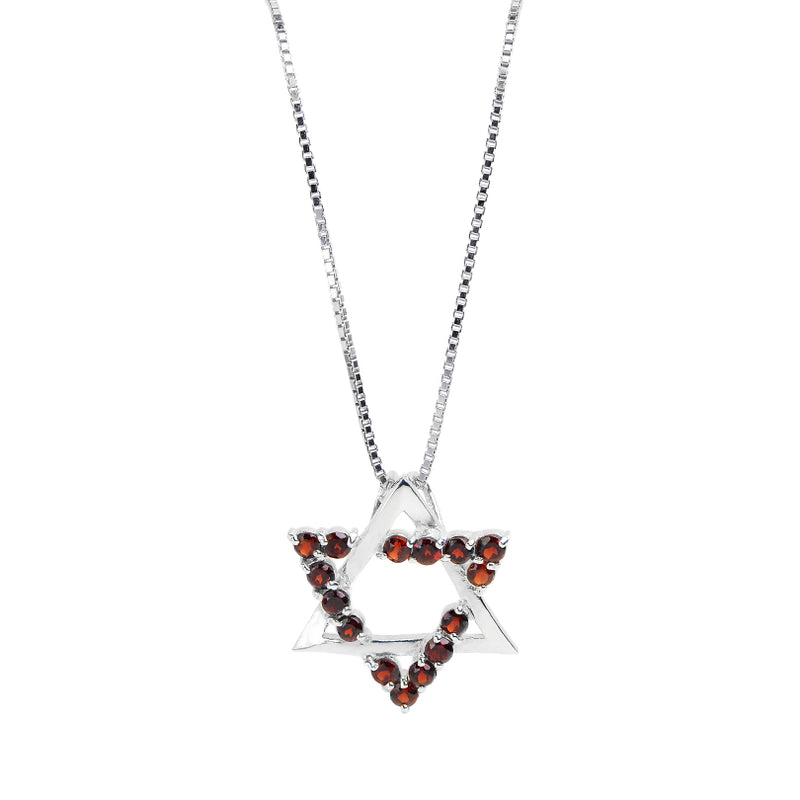 Beautiful Garnet Star of David Rhodium Plated Sterling Silver Necklace
