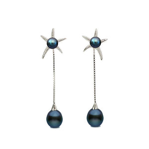 Lustrous Fresh Water Black Pearl Sterling Silver Starfish Statement Earrings