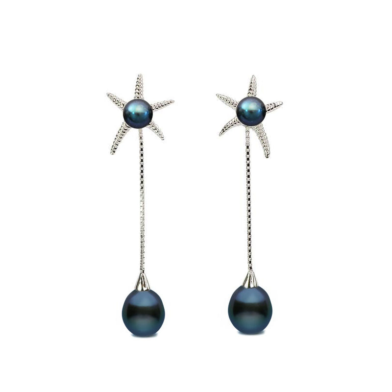 Lustrous Fresh Water Black Pearl Sterling Silver Starfish Statement Earrings