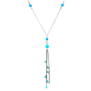 Contemporary Blue Jade Tassel Silver Plated Necklace - 30"