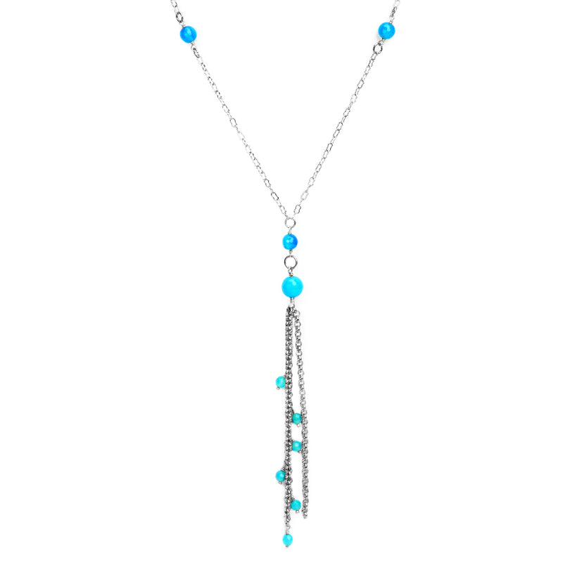 Contemporary Blue Jade Tassel Silver Plated Necklace - 30