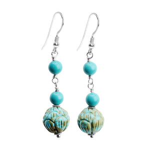 Luscious Water Aqua Blue Carved Chalk Turquoise Sterling Silver Earrings