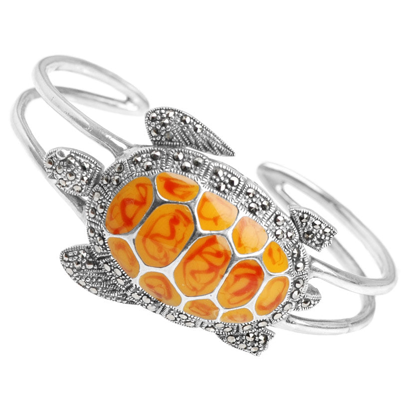 Golden Enamel Turtle with Marcasite Accent Sterling Silver Statement Cuff Bracelet