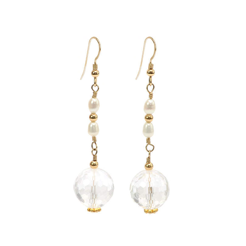 Gorgeous Diamond Cut Crystal Balls & pearl with Gold Fill Leverback Earrings