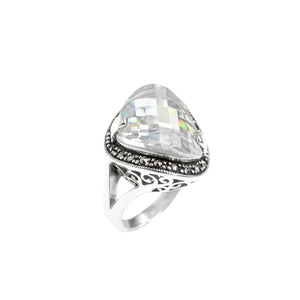 Sparlking Faceted Clear Cubic Zirconia &  Marcasite Sterling Silver Ring