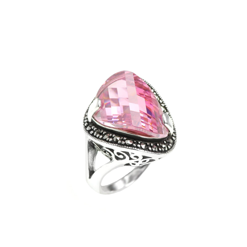 Sparkling Pink Faceted Cubic Zirconia Sterling Silver Marcasite Ring