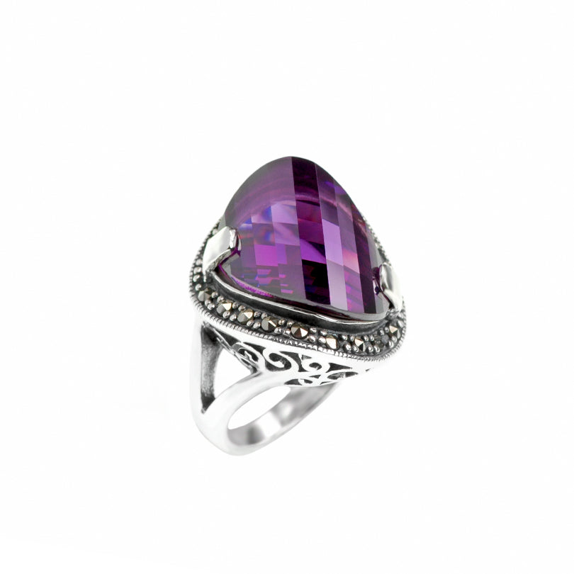 Gorgeous Purple Amethyst Cubic Zirconia Sterling Silver Marcasite Statement Ring