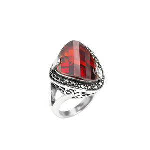 Gorgeous Red Cubic Zirconia Sterling Silver Marcasite Statement Ring
