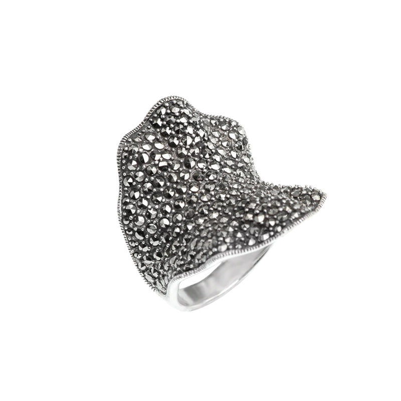 Gorgeous Ribbon Design Marcasite Sterling Silver Statement Ring