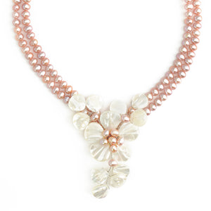 Beautiful Pink Pearl and Mother of Pearl Shells Sterling Silver Flower Necklace