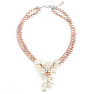 Beautiful Pink Pearl and Mother of Pearl Shells Sterling Silver Flower Necklace