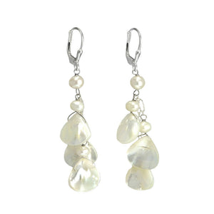 Shimmering Clusters of White Mother of Pearl and Fresh Water Pearl Sterling Silver Earrings