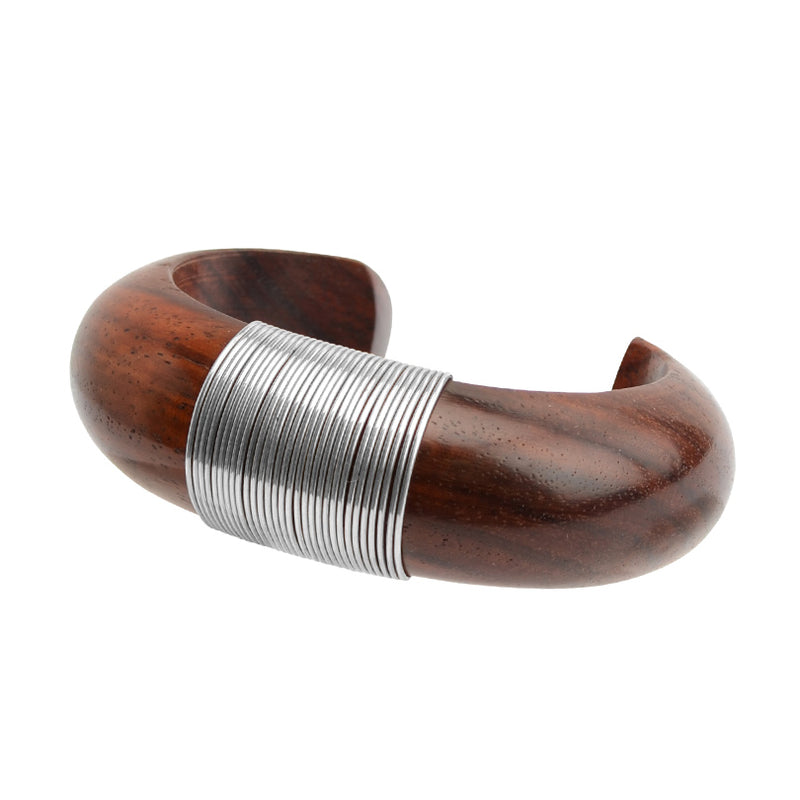 Hand Carved Rosewood and Sterling Silver Statement Bangle