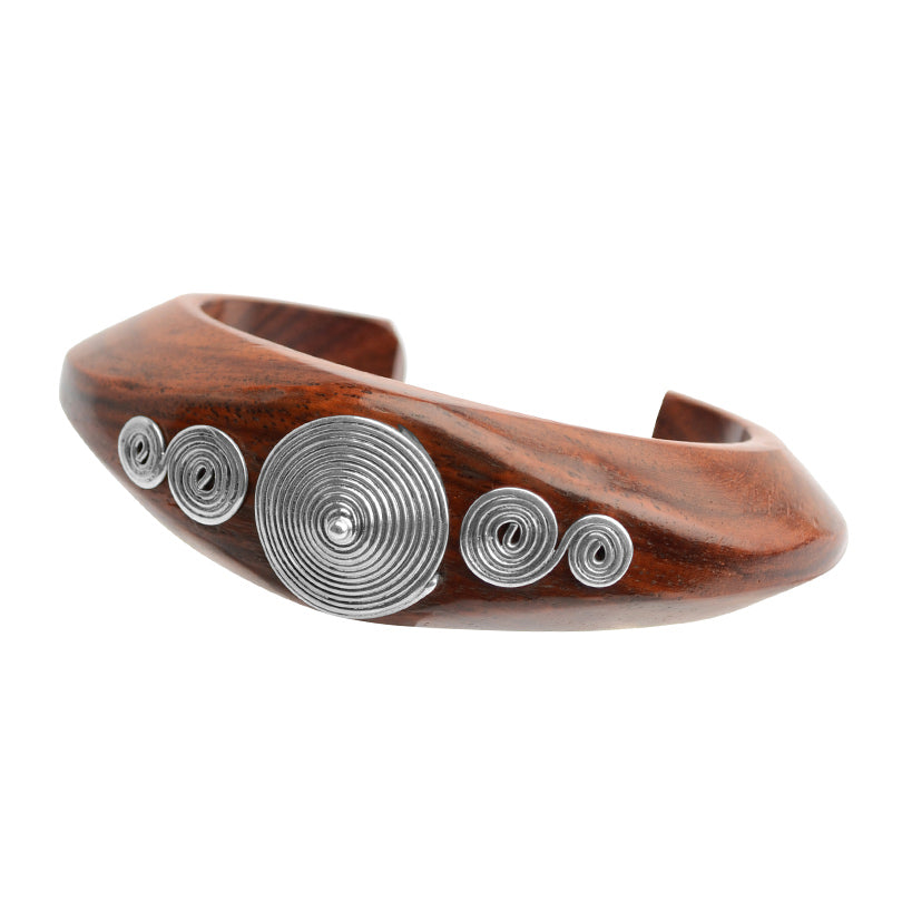 Stunning Hand Carved Rosewood and Sterling Silver Spirals Cuff