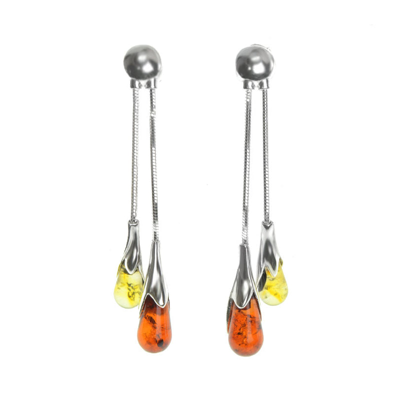 Mixed Baltic Amber Tulip Drop Sterling Silver Statement Earrings